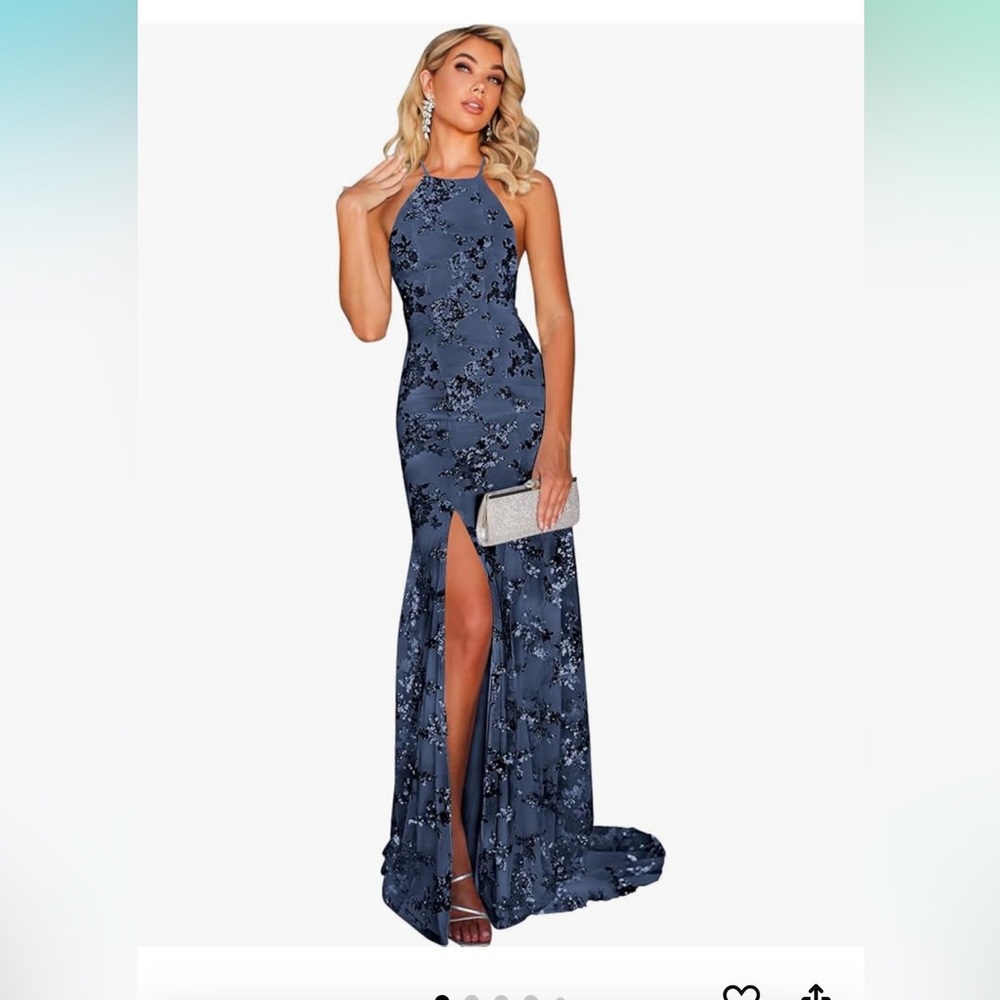 Women's Sequin Halter Formal Dress Backless Evening Gown with Slit